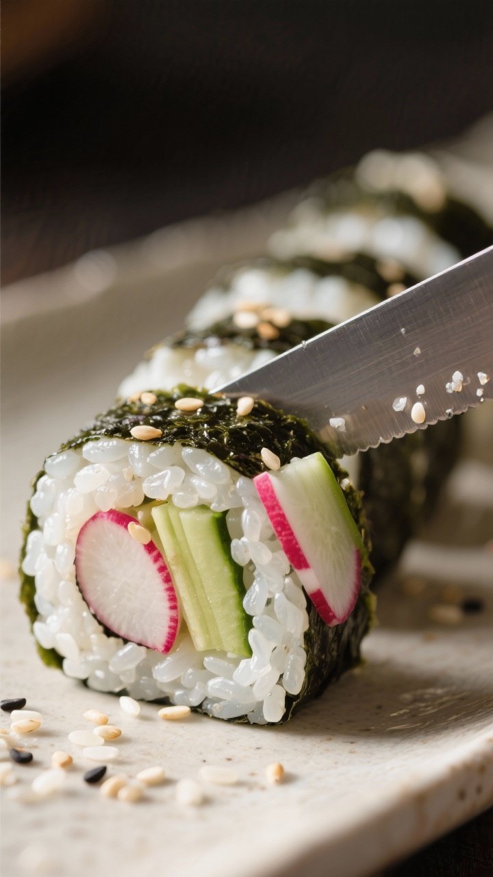 Close-up detail: Freshly sliced radish & cucumber sushi roll cross-sections just after cutting, glos