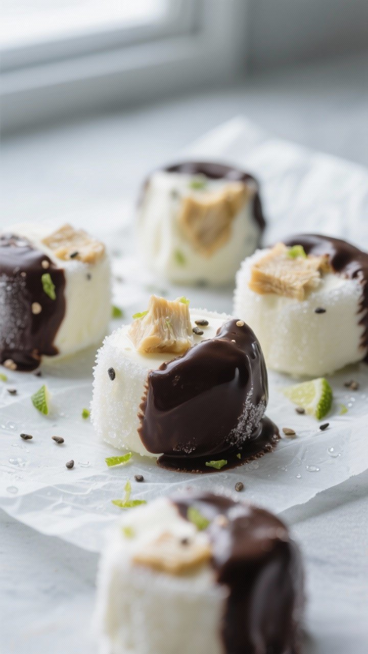 Close-up detail: Frozen jackfruit yogurt bites just out of the freezer on parchment, half-dipped in 