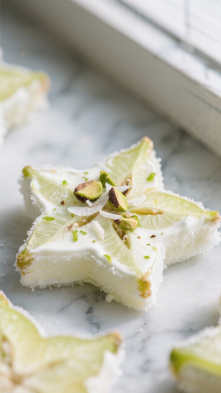 Close-up detail: Frozen Starfruit Yogurt Stars just unmolded, edges crisp with a frosty sheen, thin