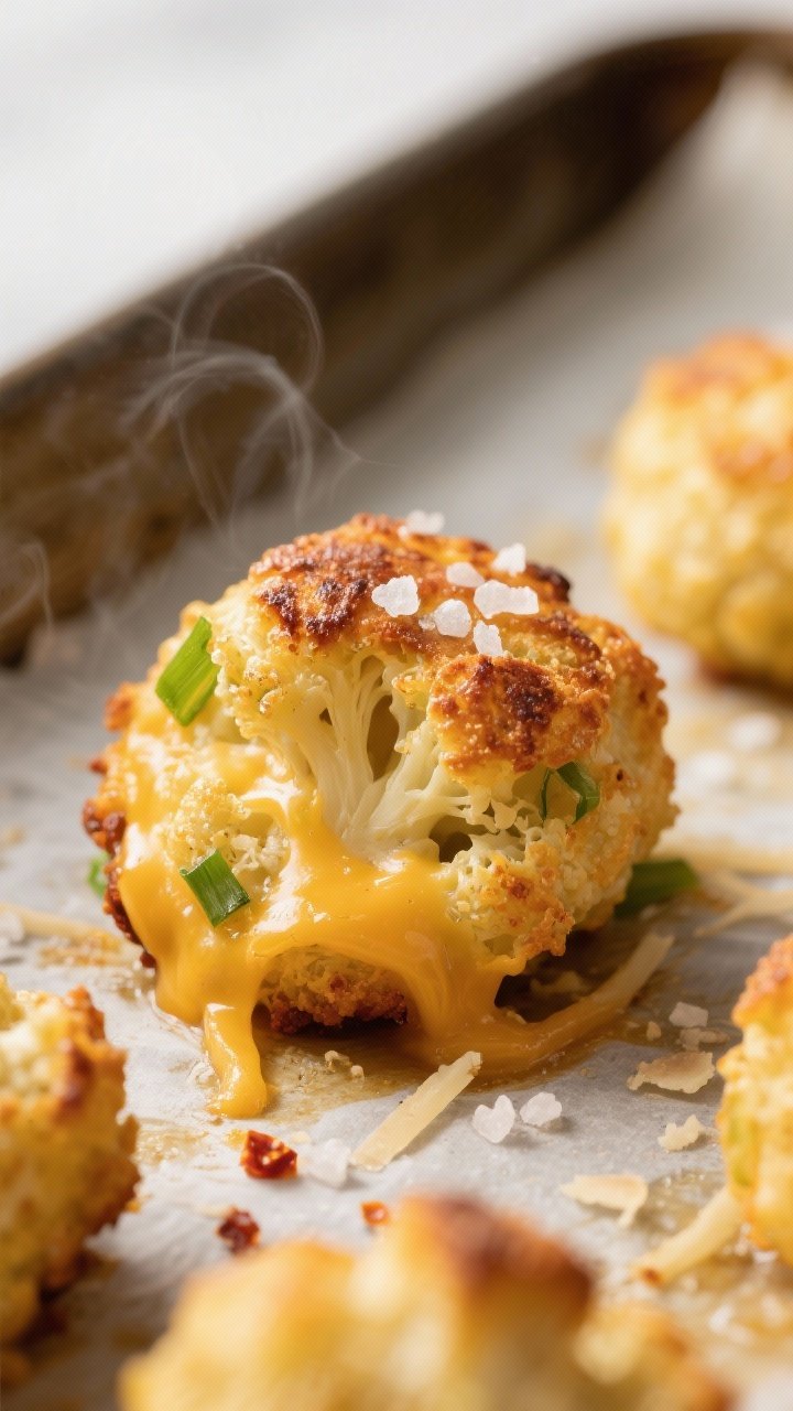 Close-up detail: Golden-baked cauliflower & cheese tots just out of the oven, flipped side up to rev