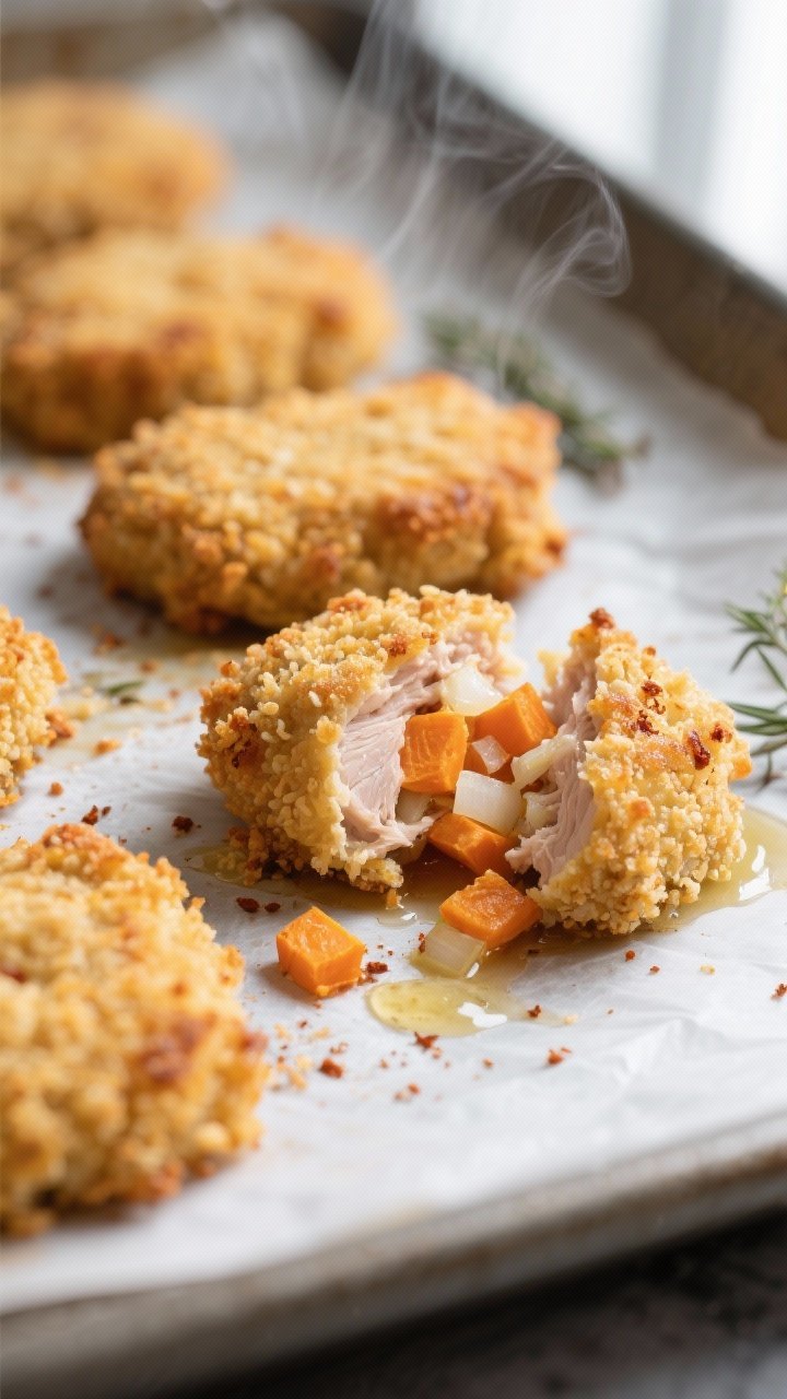 Close-up detail: Golden, baked Turkey & Sweet Potato Nuggets just out of the oven on a parchment-lin
