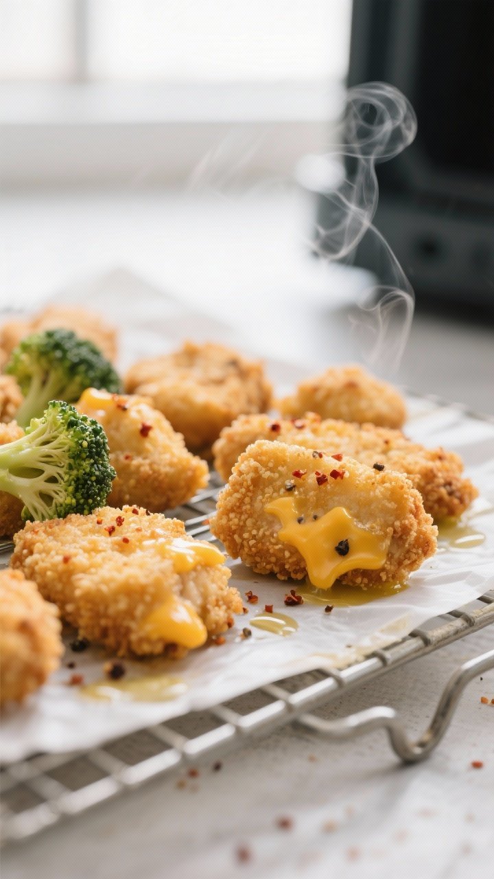 Close-up detail: Golden-brown cheesy broccoli chicken nuggets just out of the air fryer, crisp panko