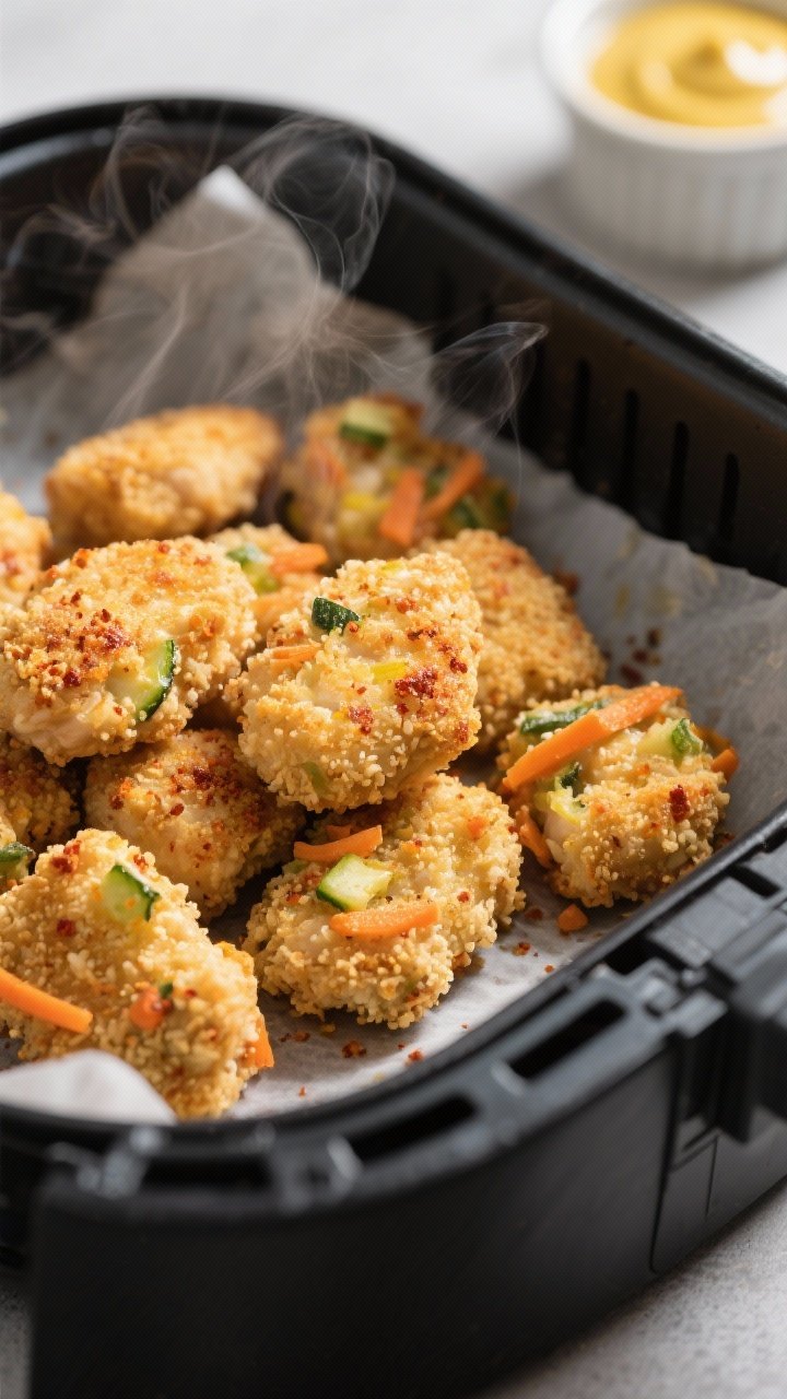 Close-up detail: Golden-brown chicken & veggie nuggets just out of the air fryer, crisp panko-coated