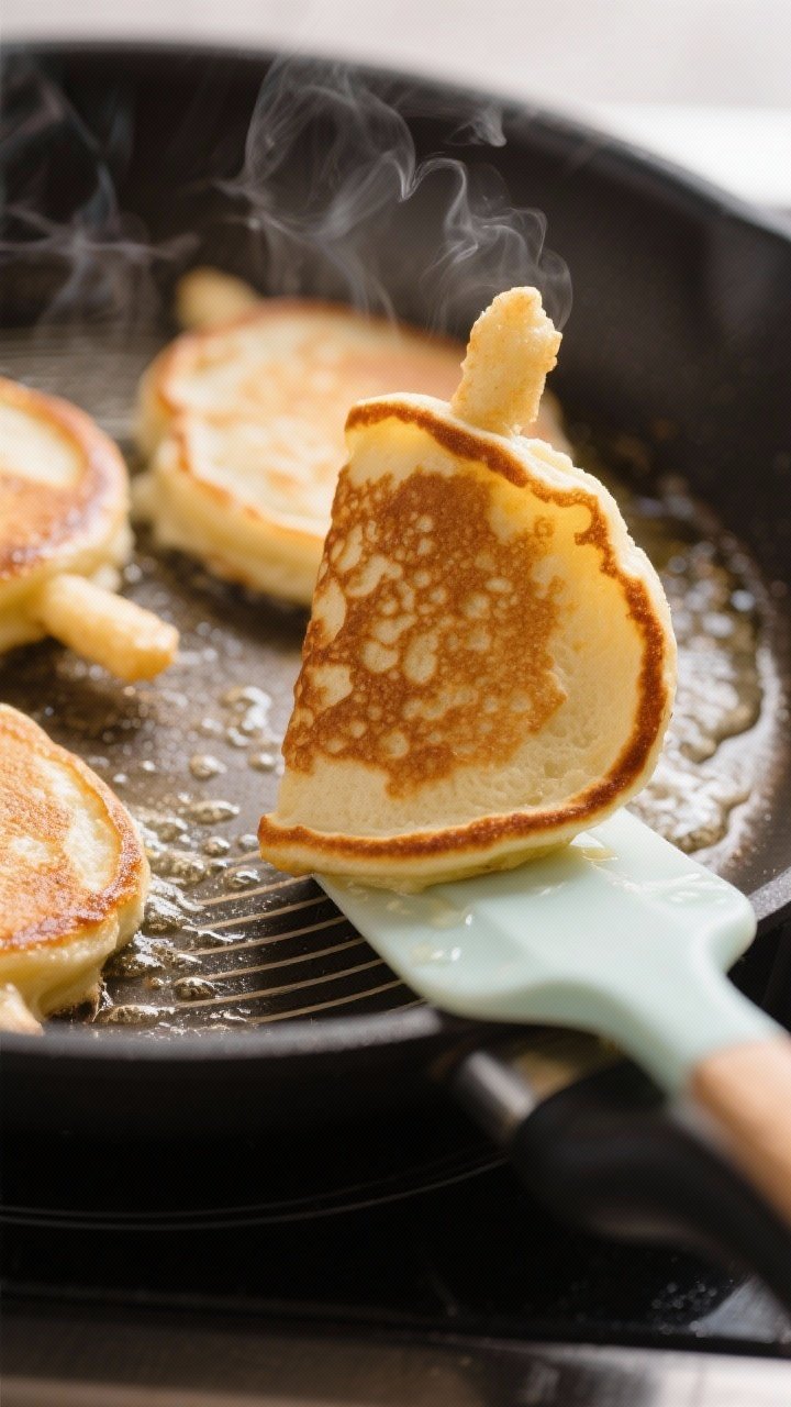 Close-up detail: Golden-brown Greek Yogurt Pancake Dippers sizzling on a nonstick skillet, mid-cook 