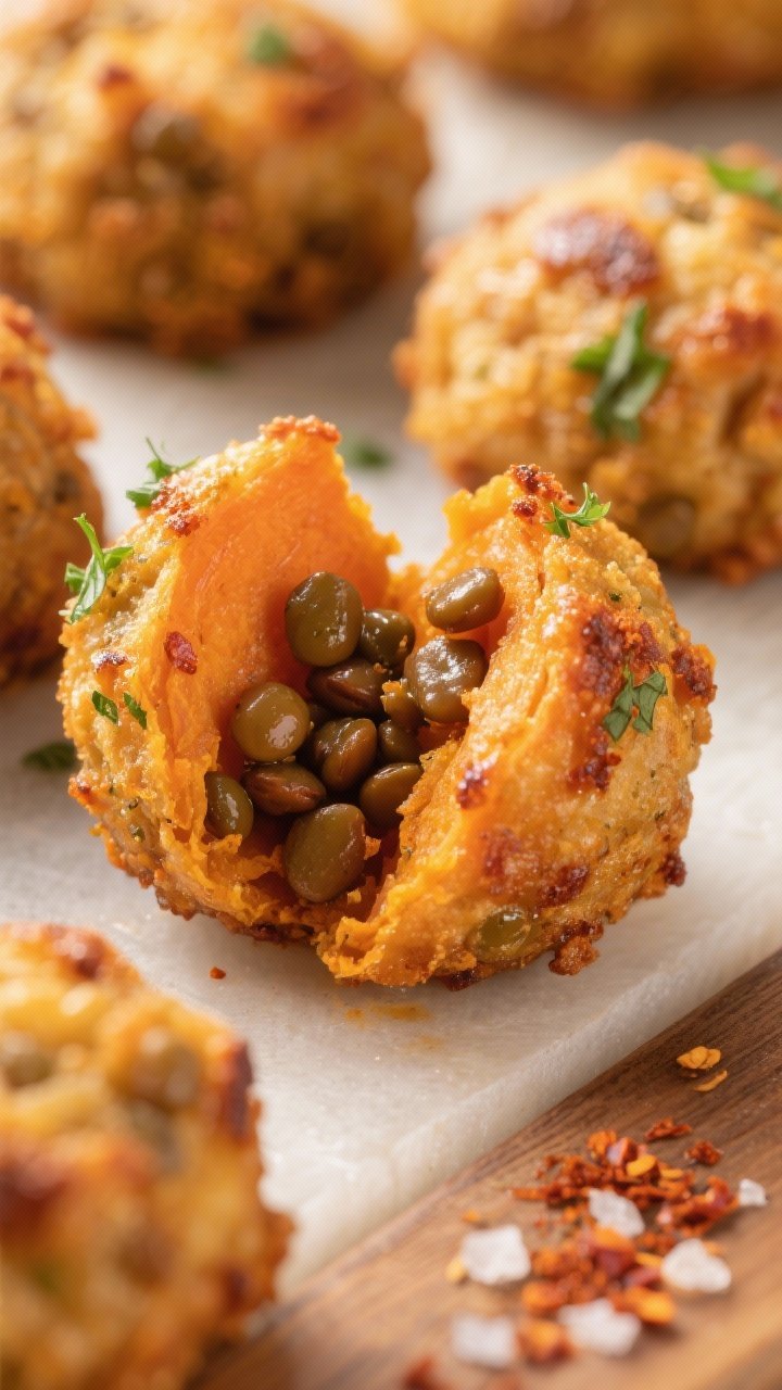 Close-up detail: Golden-brown Sweet Potato & Lentil Bites just out of the air fryer, crisp ridges an