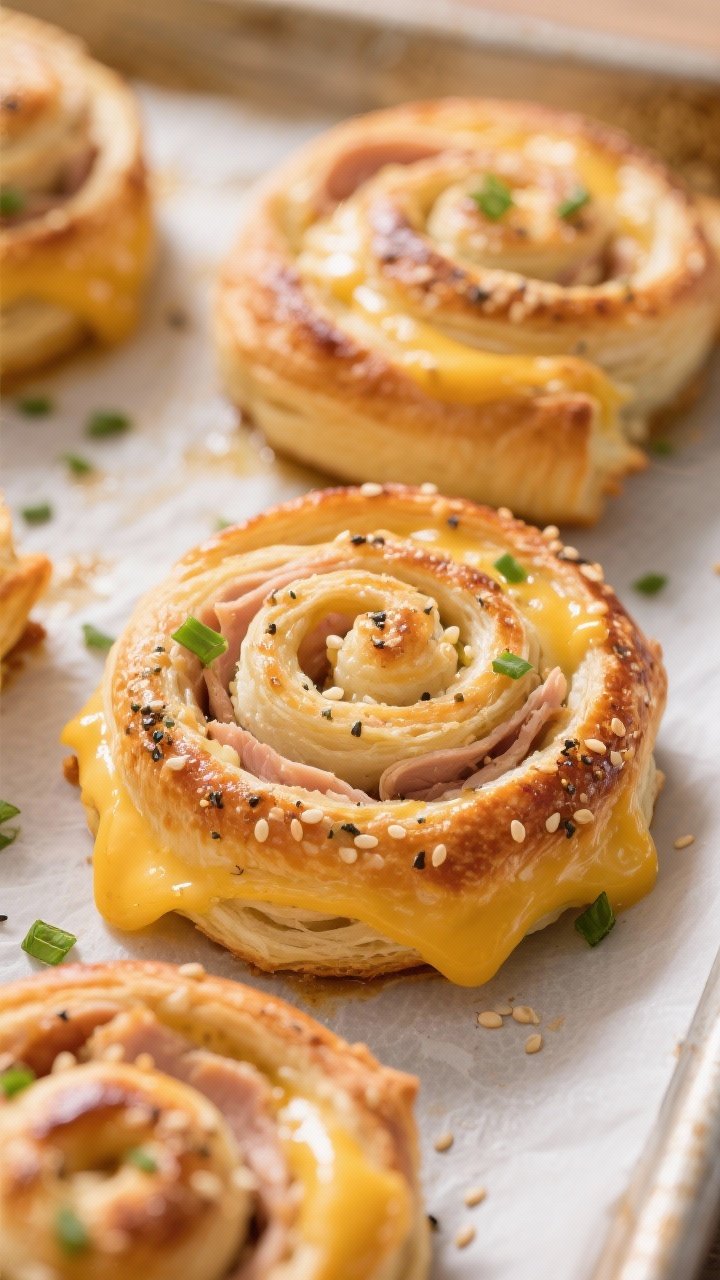 Close-up detail: Golden-brown turkey and cheese breakfast pinwheels just out of the oven, cheese vis