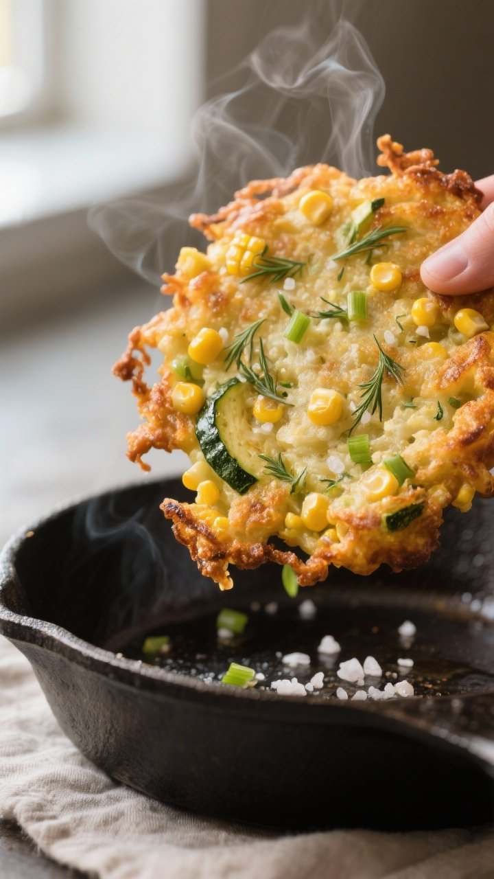 Close-up detail: Golden-brown zucchini and corn fritter just lifted from a cast-iron skillet, edges 