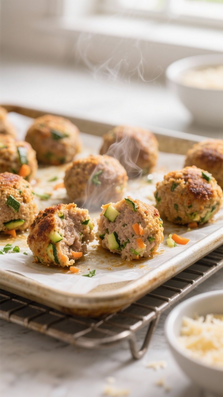 Close-up detail: Golden-browned hidden-veggie meatballs just out of the oven on a parchment-lined ba