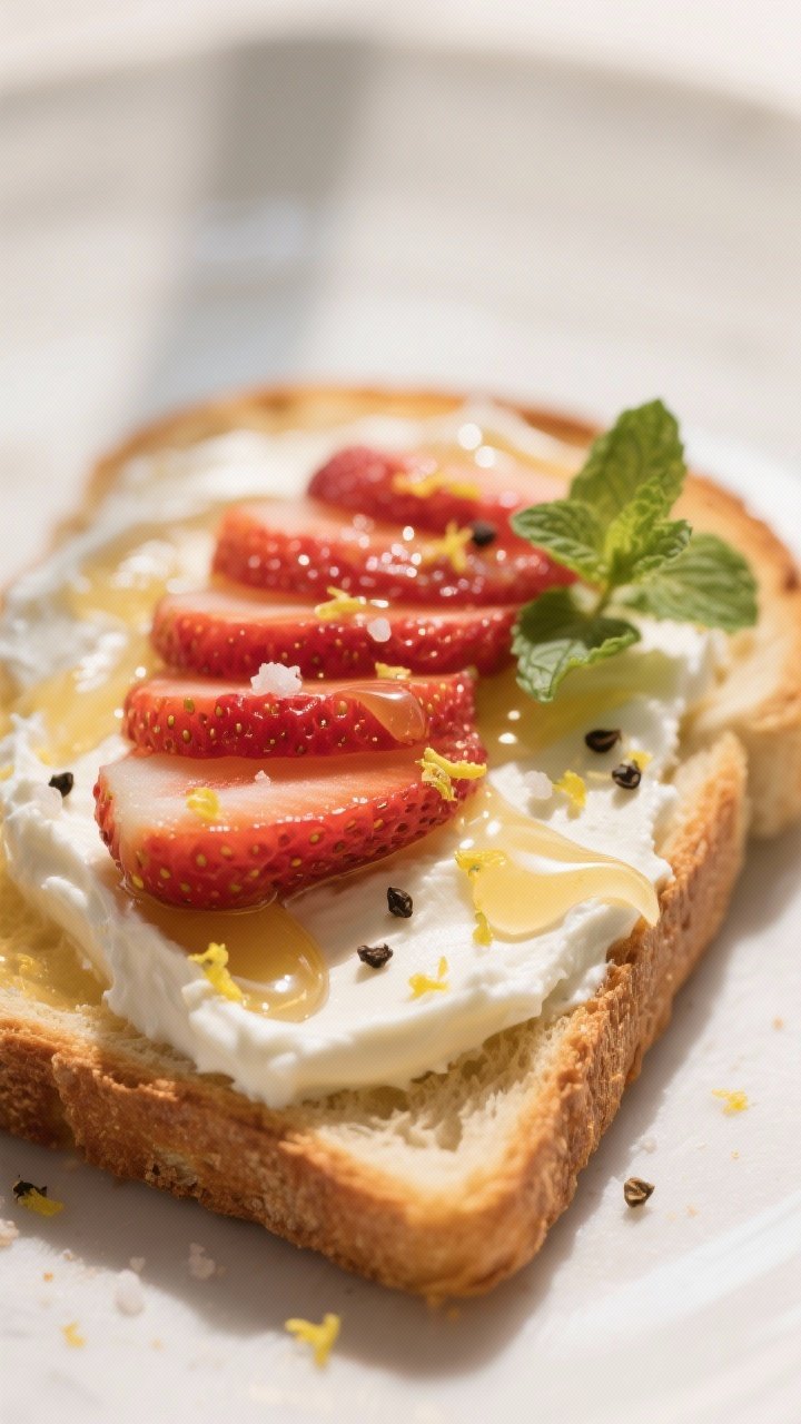 Close-up detail: Golden, crisp-edged sourdough toast slathered with whipped ricotta (lemon zest and 