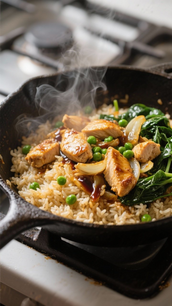 Close-up detail: Golden, crispy day-old rice sizzling in a wide cast-iron skillet with tender bite-s