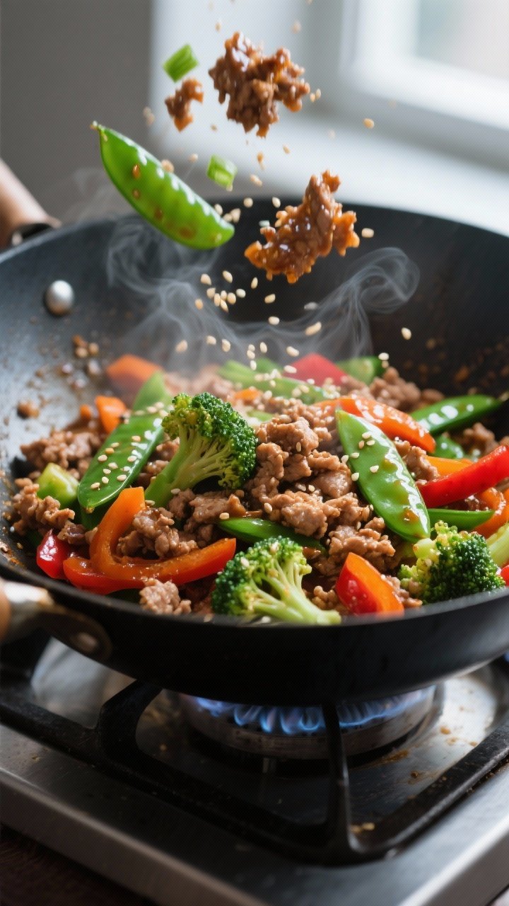 Close-up detail: Ground turkey and veggies in a sizzling wok mid-toss, showing browned, crispy turke
