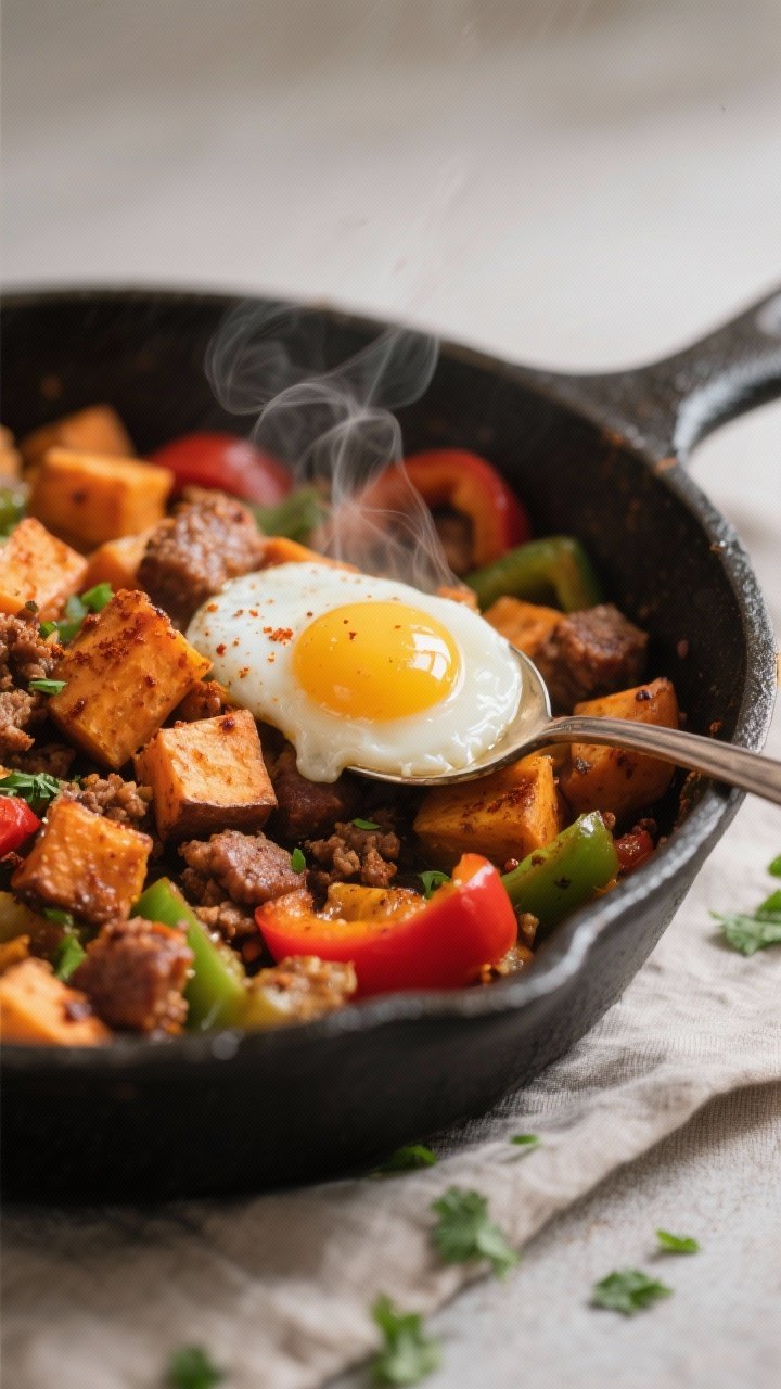 Close-up detail: In-skillet sweet potato breakfast hash mid-cook, showing caramelized, crisp-edged s