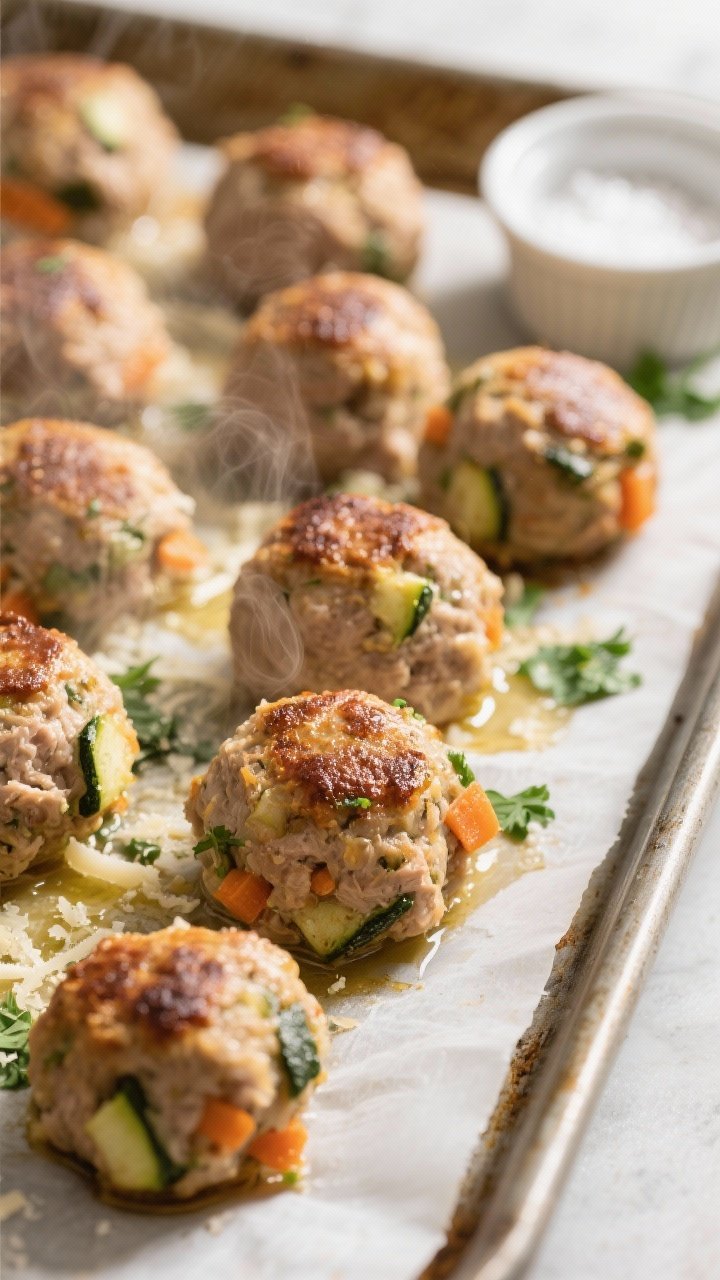 Close-up detail: Juicy baked turkey & veggie meatballs just out of the oven on a parchment-lined she