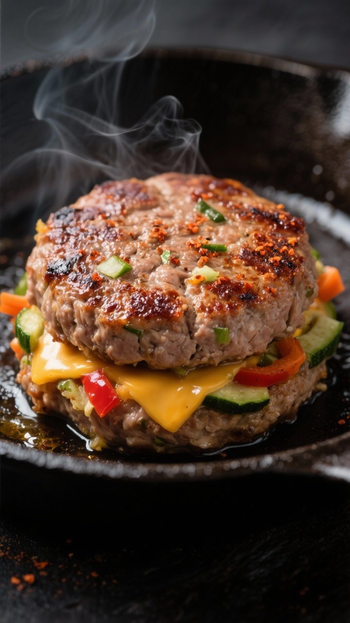Close-up detail: Juicy turkey & veggie slider patty sizzling in a cast-iron skillet, browned crust w