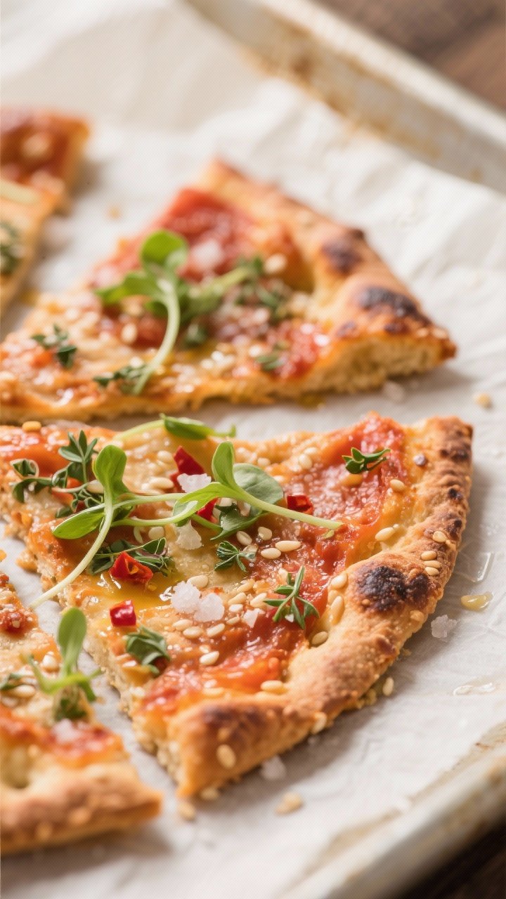 Close-up detail: Microgreen pizza crackers just out of the oven on parchment, edges lightly browned 