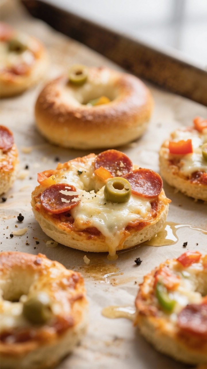 Close-up detail: Mini bagel pizzas just out of the oven with bubbling melted mozzarella and golden,