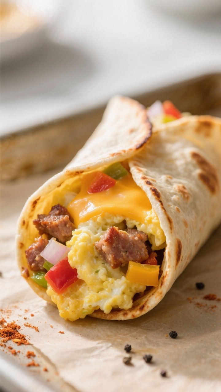 Close-up detail: Mini breakfast taquito just out of the oven, seam-side down with blistered, golden-
