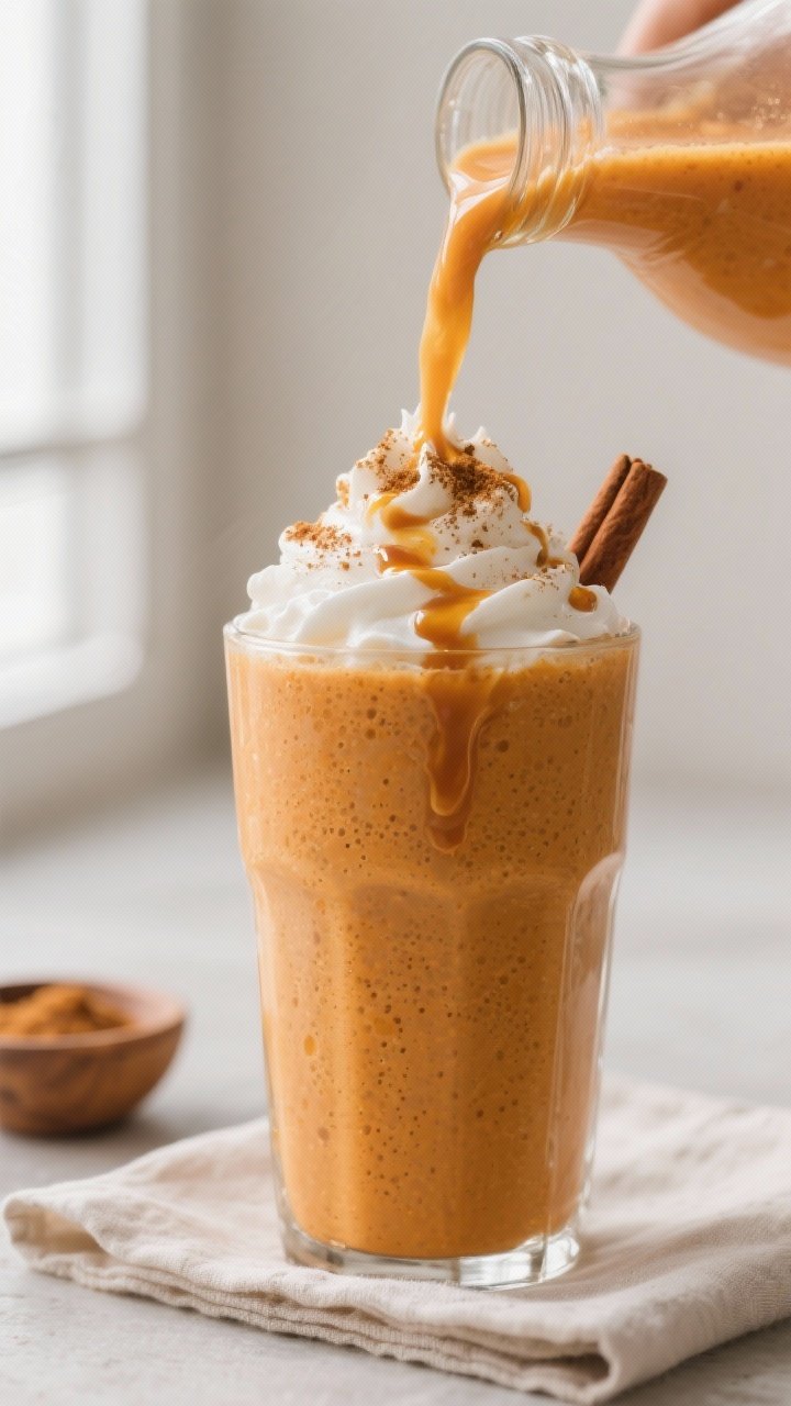Close-up detail of a freshly blended Pumpkin Pie Smoothie being poured into a tall chilled glass, si