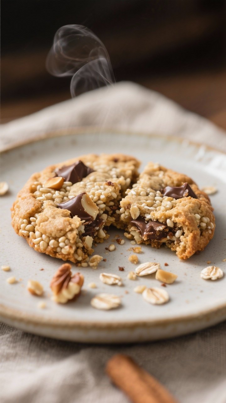 Close-up detail of a single Quinoa Breakfast Cookie broken in half on a small ceramic plate, highlig