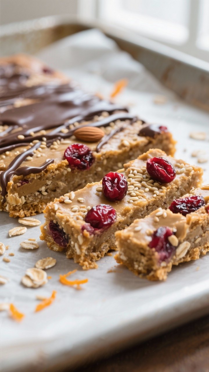 Close-up detail of freshly baked amaranth cranberry bars just lifted from the pan and sliced, showin