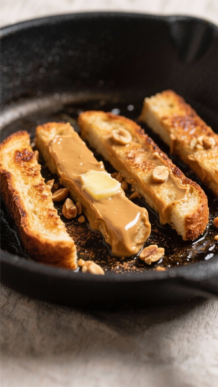 Close-up detail: Peanut Butter Toast Sticks sizzling in a nonstick skillet, cut-sides down to crisp