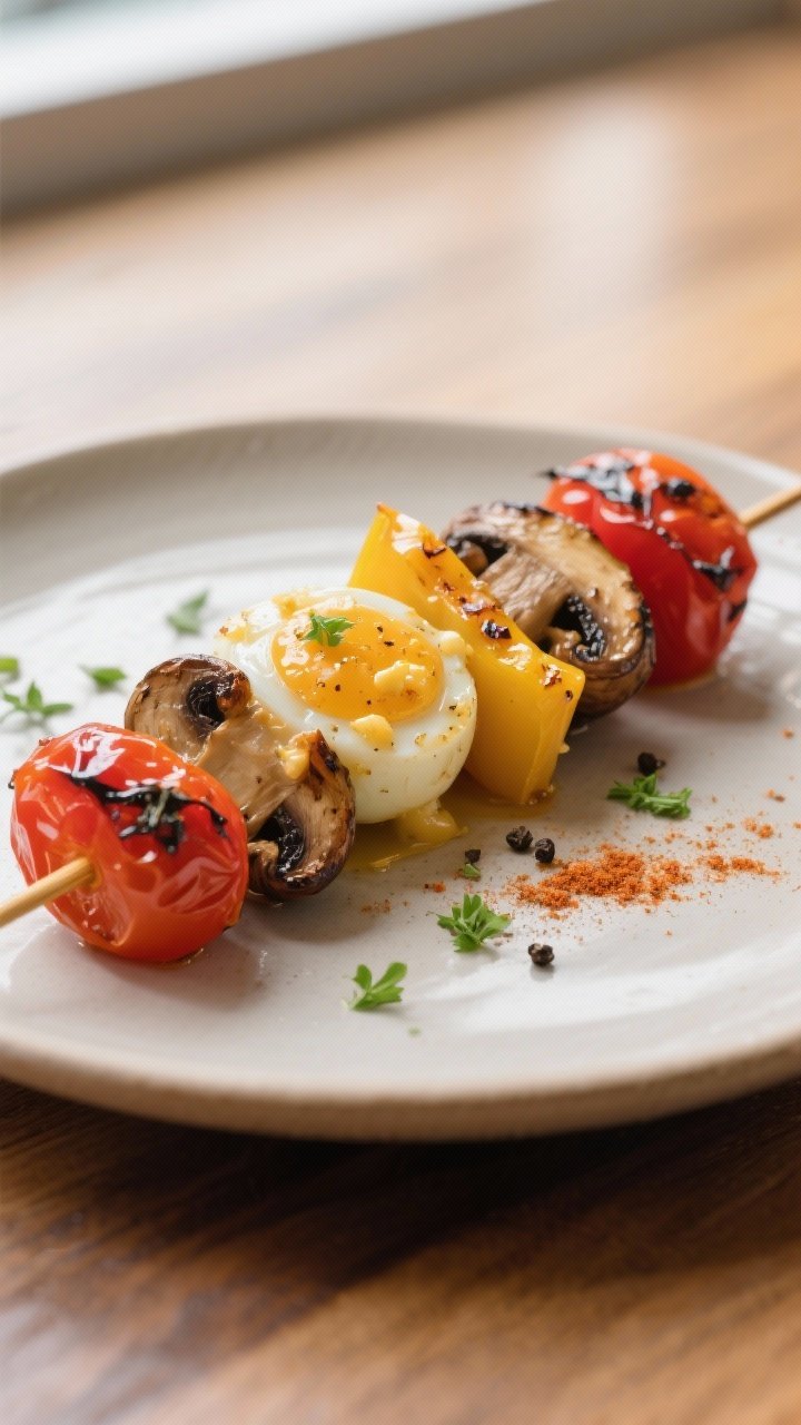 Close-up detail: Roasted vegetable and egg skewer fresh from the oven, showing caramelized bell pepp