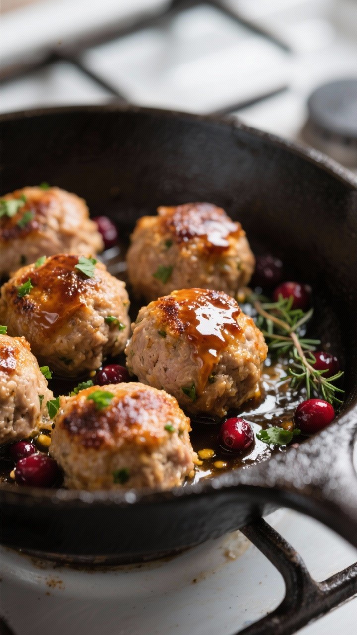 Close-up detail: Searing turkey and cranberry meatballs in a cast-iron skillet, golden-brown crust w