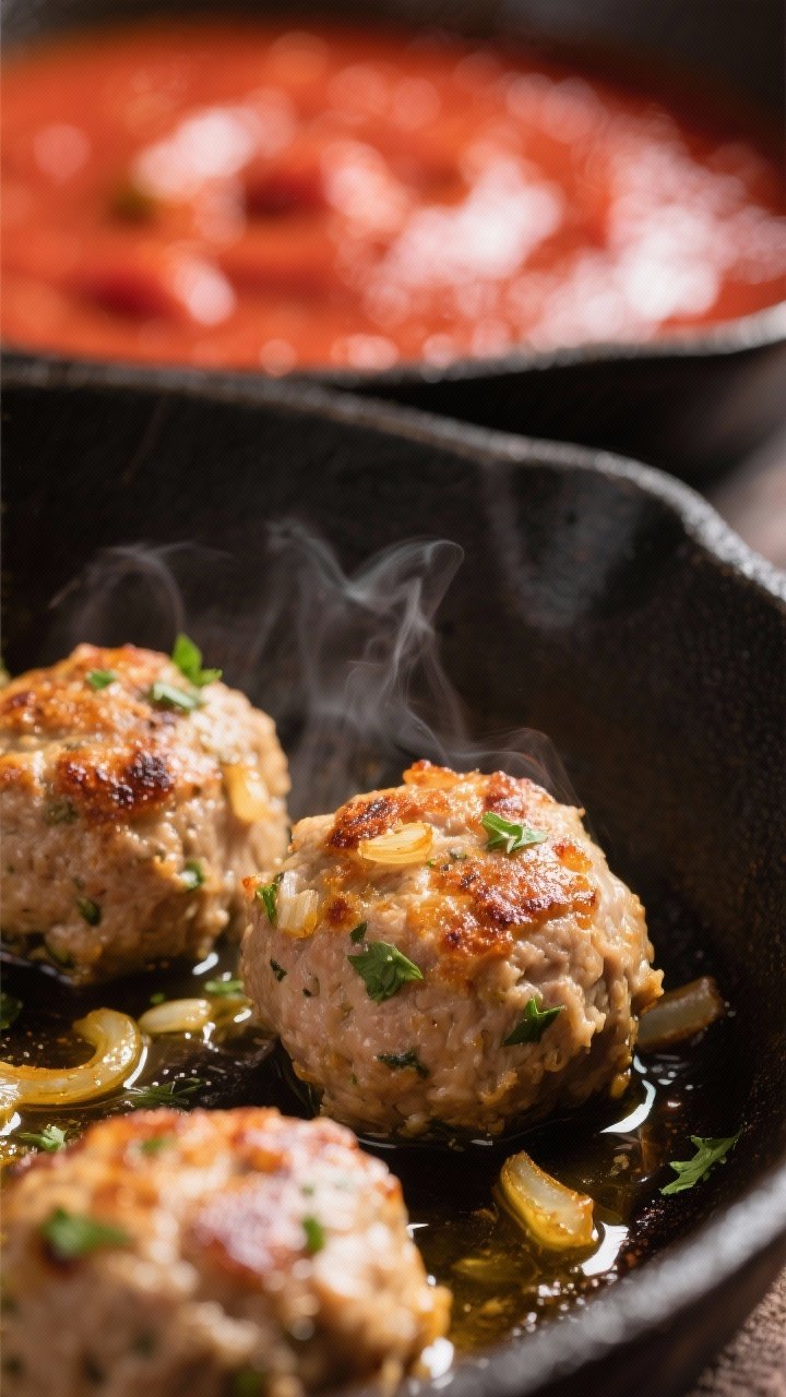 Close-up detail: Searing turkey meatballs in a skillet, golden-brown crust with tiny caramelized oni
