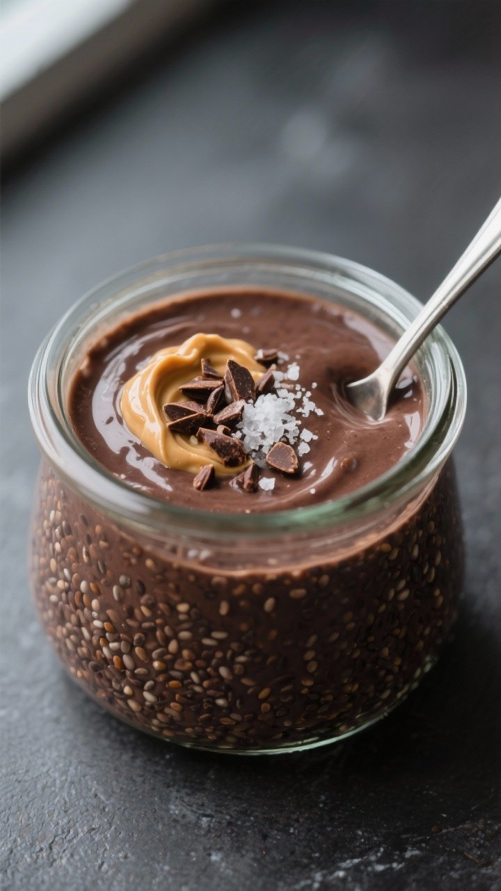 Close-up detail shot: A chilled chocolate chia pudding jar just stirred to silky thickness, showing 