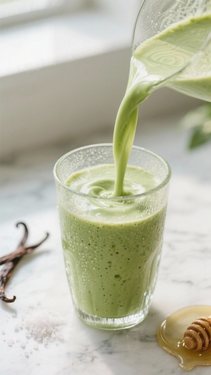 Close-up detail shot: A chilled glass being filled with a silky matcha green tea smoothie mid-pour, 