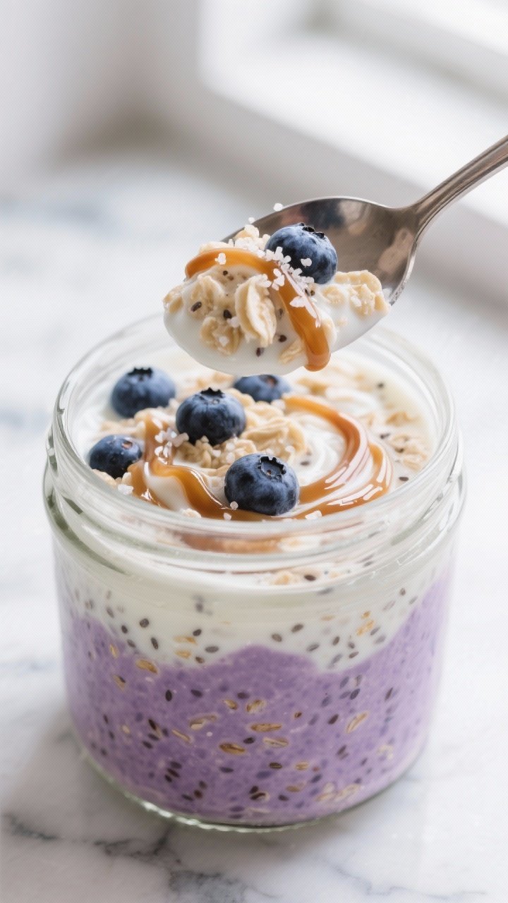 Close-up jar of vanilla blueberry overnight oats