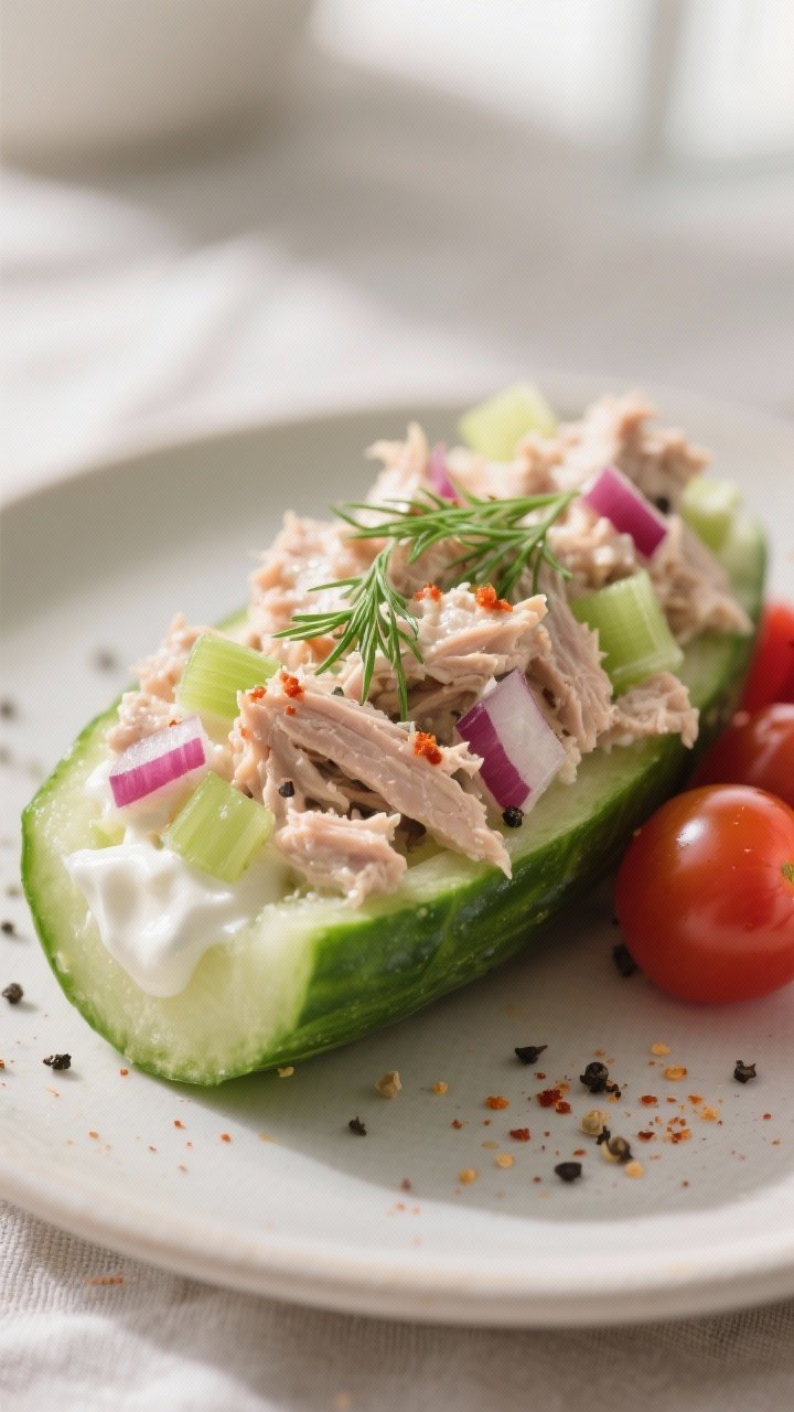 Close-up detail shot: A crisp cucumber boat filled with creamy tuna salad, showing the glossy, well-