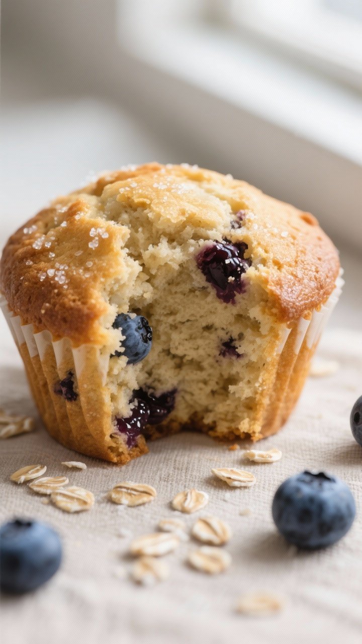 Close-up detail shot: A freshly baked blueberry oat muffin torn open to reveal a moist, tender crumb