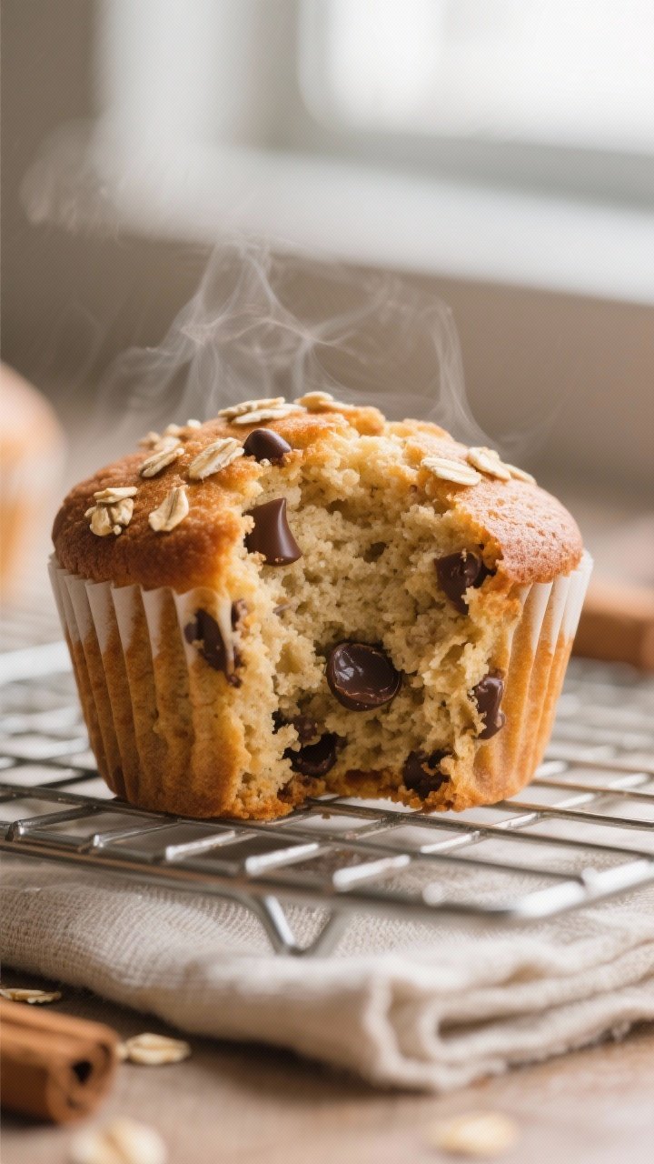 Close-up detail shot: A freshly baked Wowbutter banana muffin torn open on a cooling rack, revealing