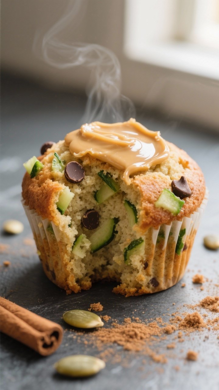 Close-up detail shot: A freshly baked Wowbutter zucchini muffin torn open to reveal a moist, tender 