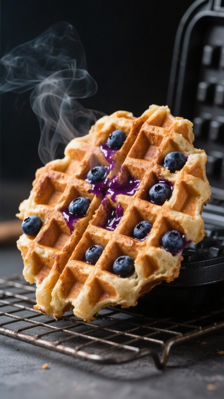 Close-up detail shot: A freshly cooked blueberry protein waffle just lifted from the waffle iron, sh