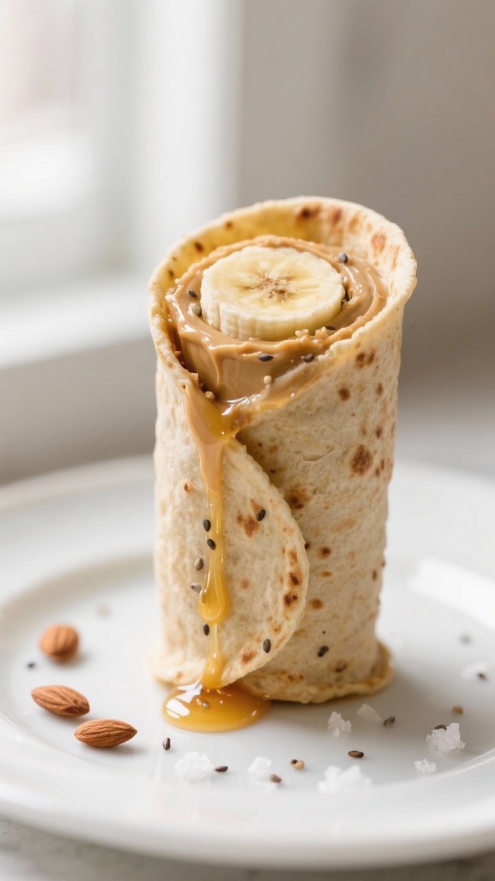 Close-up detail shot: A freshly sliced Almond Butter Banana Roll-Up piece standing upright to show t