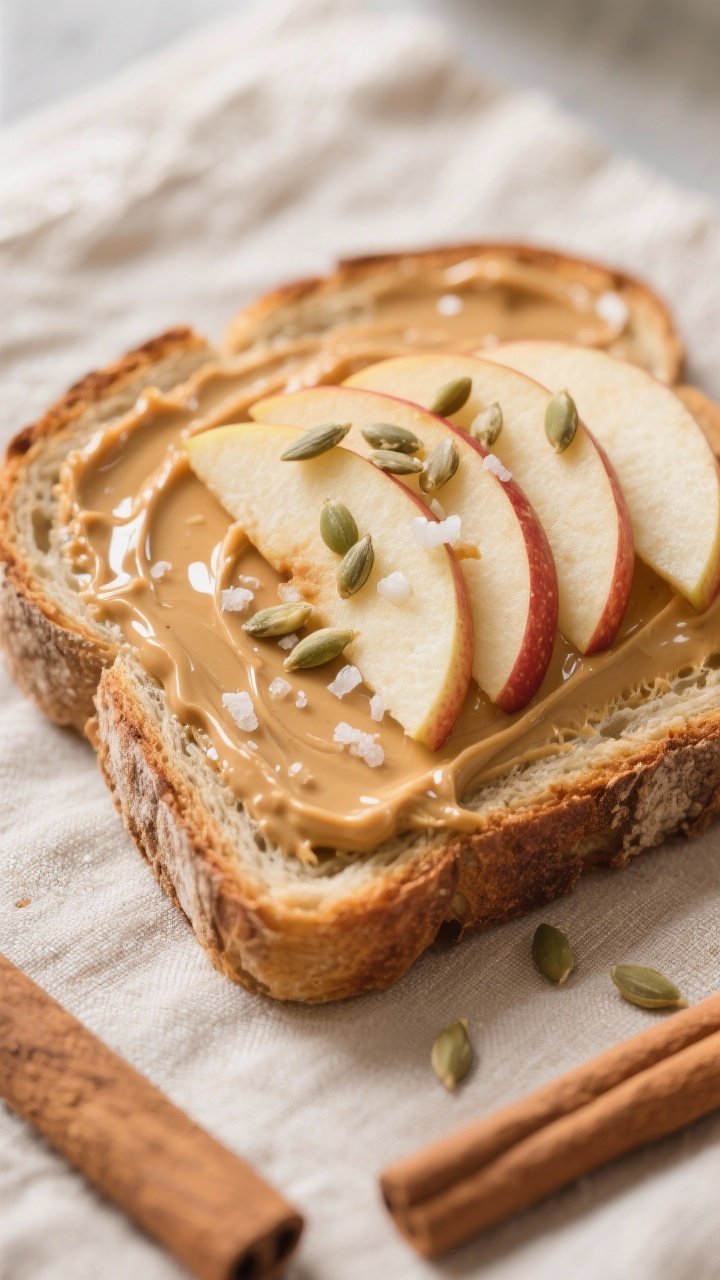 Close-up detail shot: A freshly toasted slice of hearty sourdough topped with a warm, glossy layer o