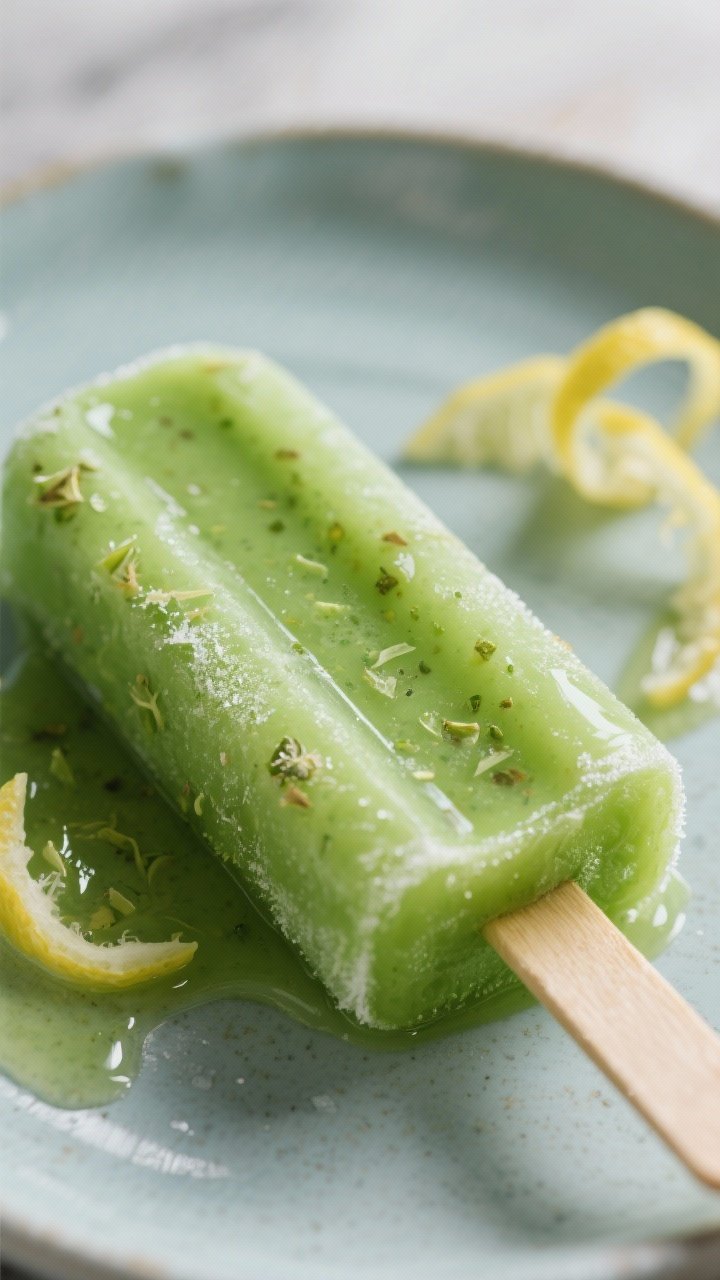 Close-up detail shot: A freshly unmolded Dandelion Green Smoothie Pop with a glossy, icy-smooth surf