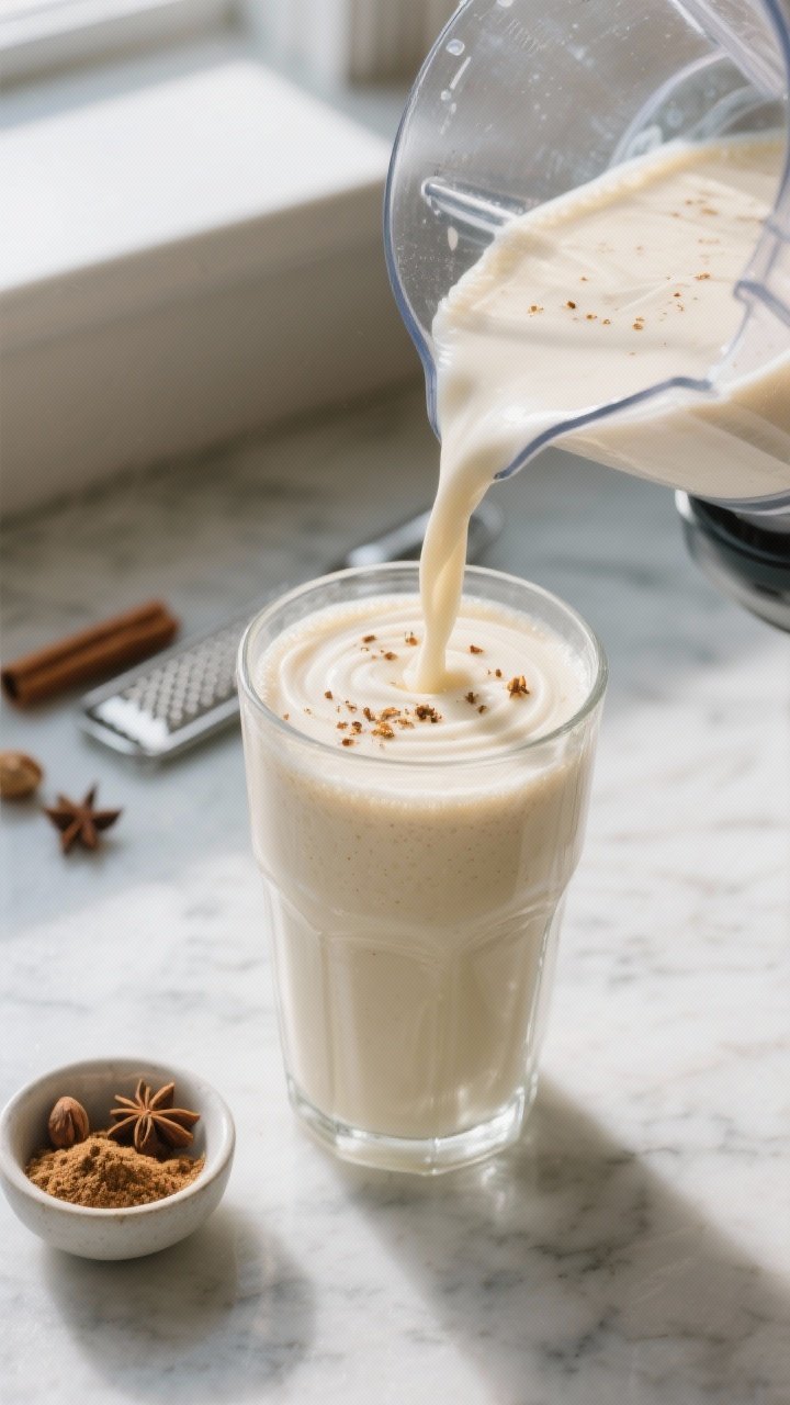 Close-up detail shot: a frosty eggnog smoothie mid-blend being poured from a blender into a chilled 