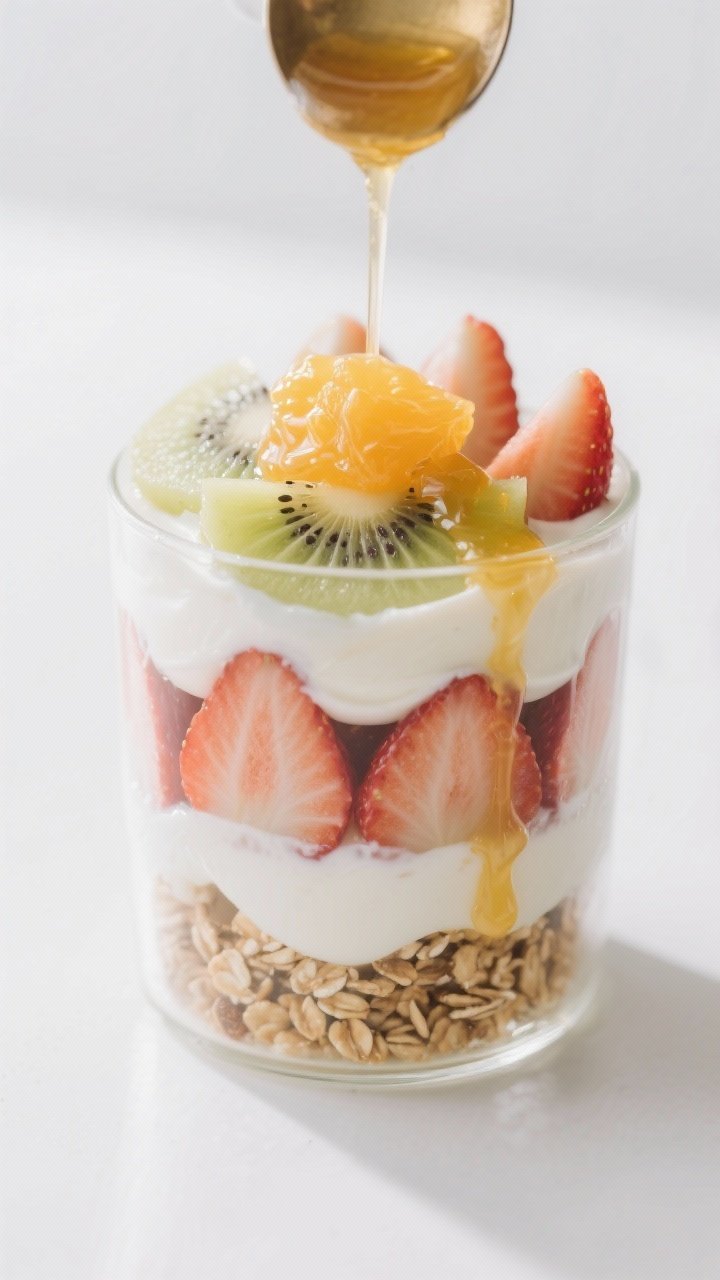 Close-up detail shot: A glass being layered with the prepared yuzu yogurt parfait—first layer of g