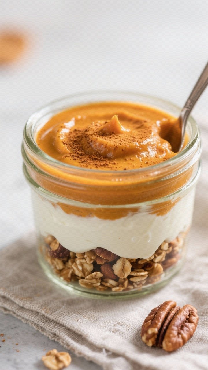 Close-up detail shot: A glass jar mid-assembly of Pumpkin Pie Yogurt Parfait, showing distinct, tidy