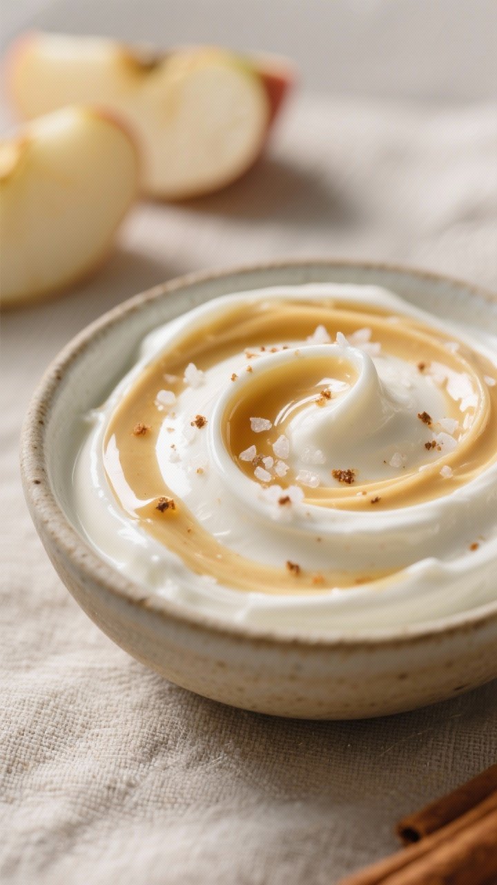 Close-up detail shot: A glossy, creamy swirl of sunflower butter yogurt dip in a small ceramic bowl,