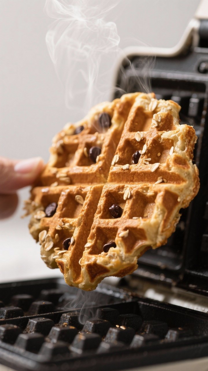 Close-up detail shot: A golden, crisp-edged peanut butter waffle just lifted from a hot waffle iron,