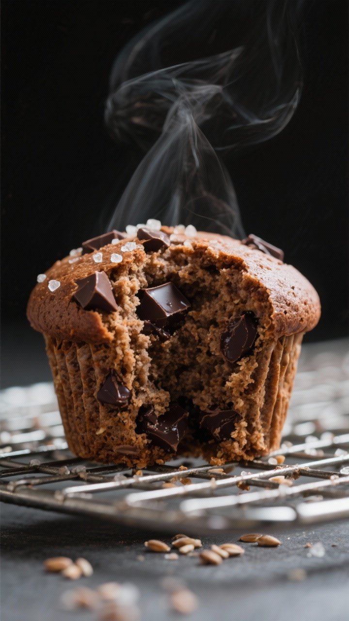 Close-up detail shot: A just-baked buckwheat chocolate muffin torn open on a wire rack, showing a mo