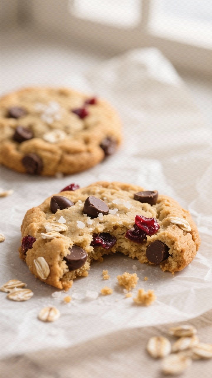 Close-up detail shot: A just-baked sunflower butter oatmeal cookie broken in half to reveal a soft, 