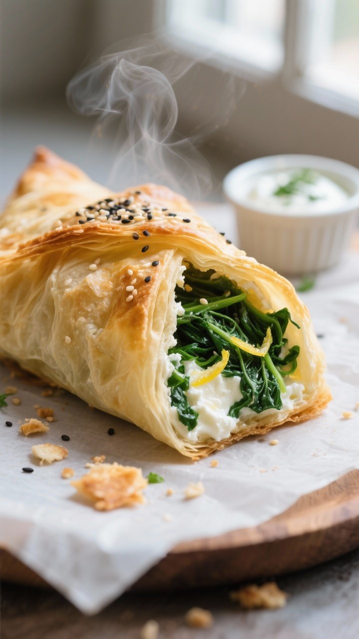 Close-up detail shot: A just-baked Swiss chard and ricotta phyllo triangle cracked open to reveal cr