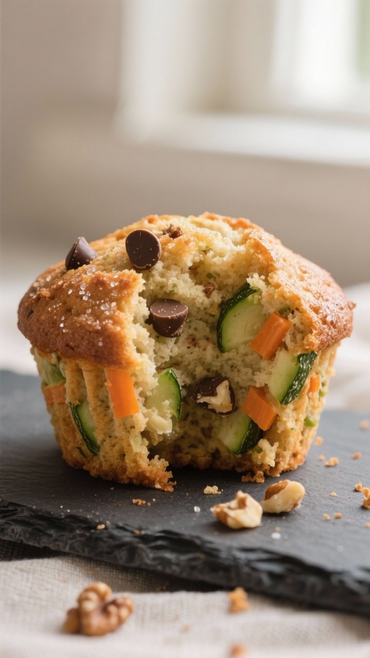 Close-up detail shot: A just-baked zucchini and carrot muffin torn open to reveal a tender, moist cr