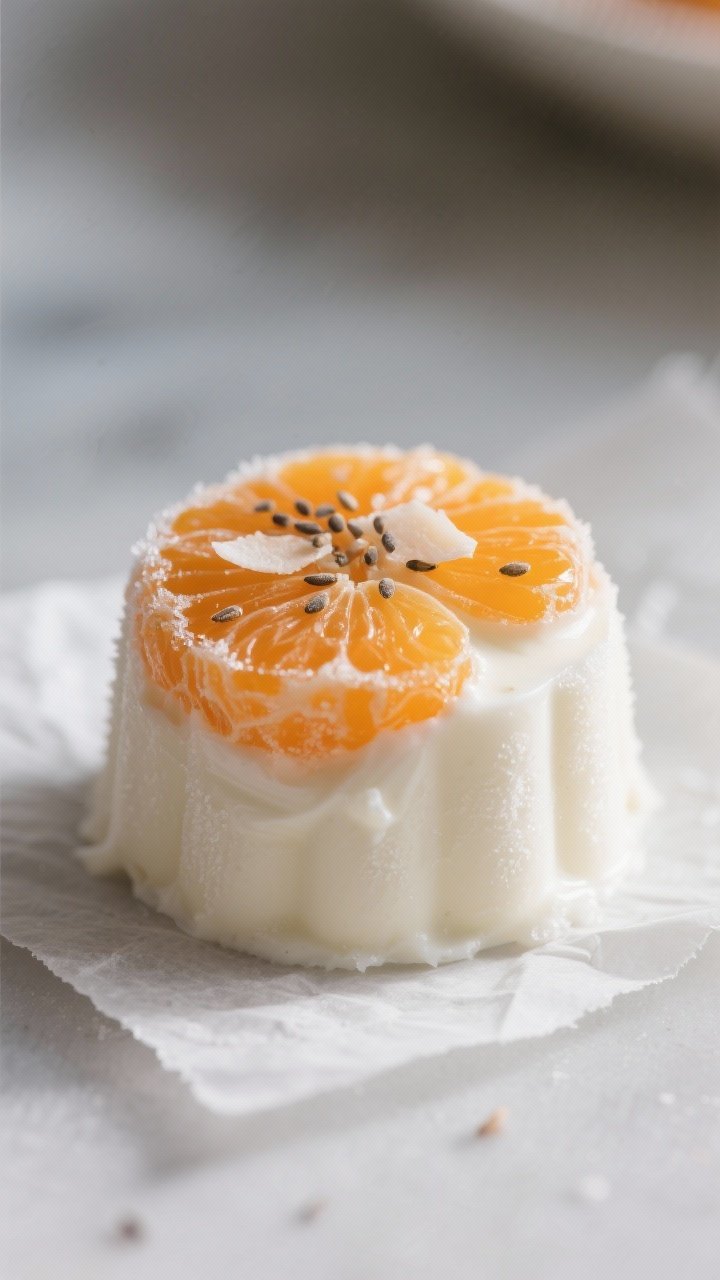 Close-up detail shot: A just-unmolded kumquat yogurt bite held upright on a parchment-lined surface,