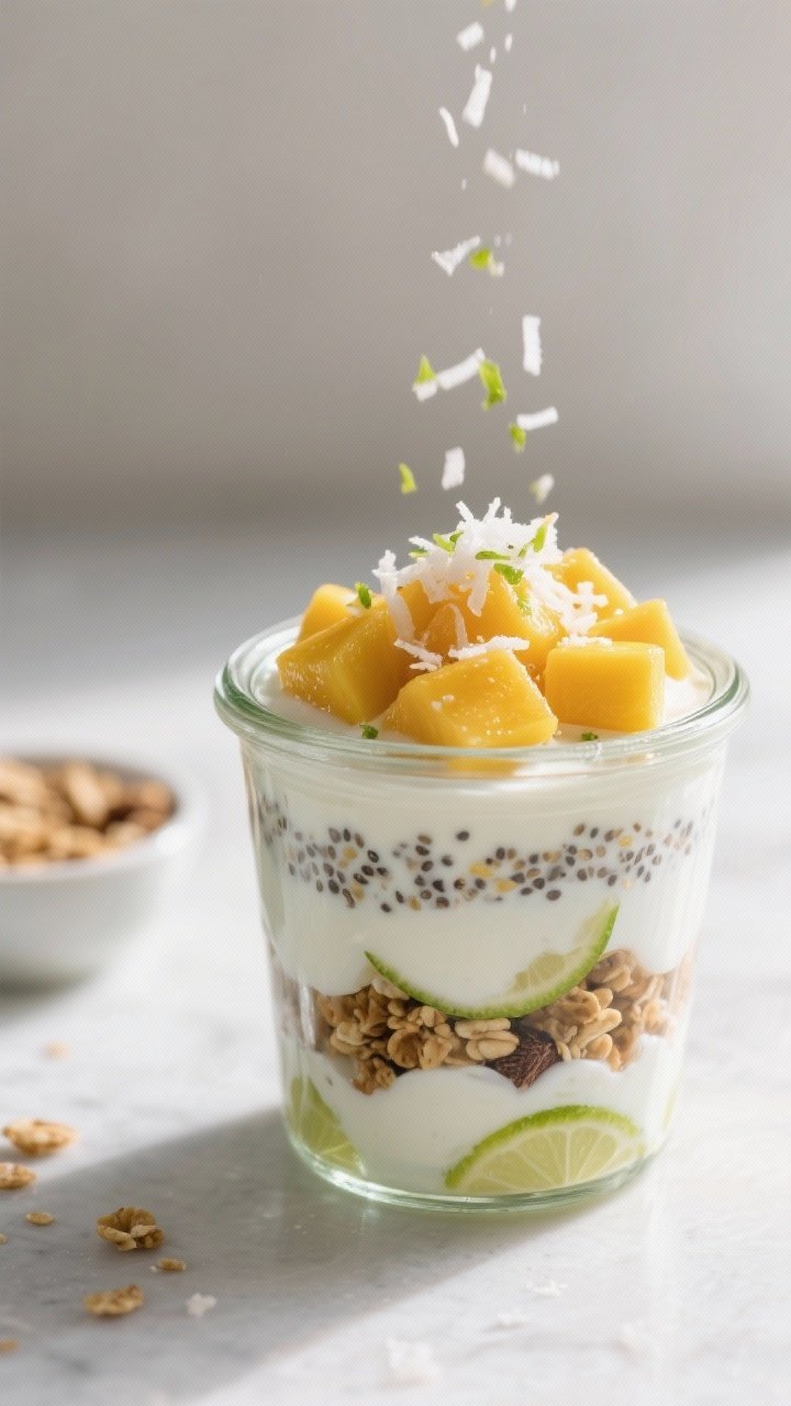 Close-up detail shot: a layered Mango Coconut Yogurt Cup mid-assembly in a clear glass jar, showing 
